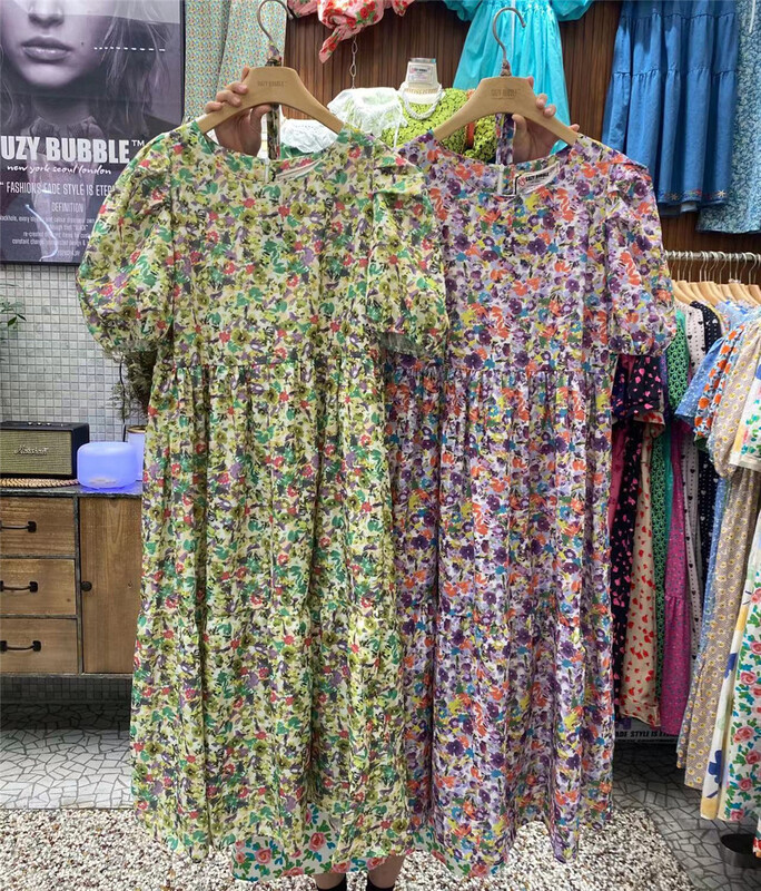 New in early summer! [N21] vintage style round neck bubble sleeve floral dress (with belt) 6238# WPL