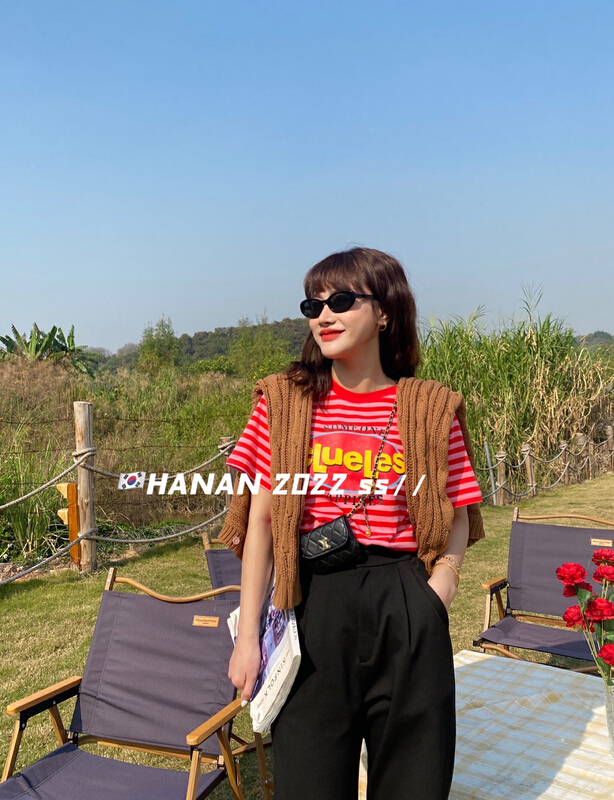 New year in early spring! [Hanan] Korean loose stitching contrast stripe letter short sleeve T-shirt 6703# LSL