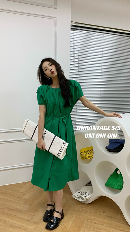 [onivinage oni] French Style Bubble Sleeve fashion dress (with waist rope) ol222o4877# zxl
