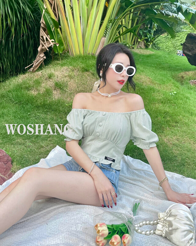 [woshang woshang] Hong Kong Vintage Plaid bubble sleeve blouse 255-1# XYJ