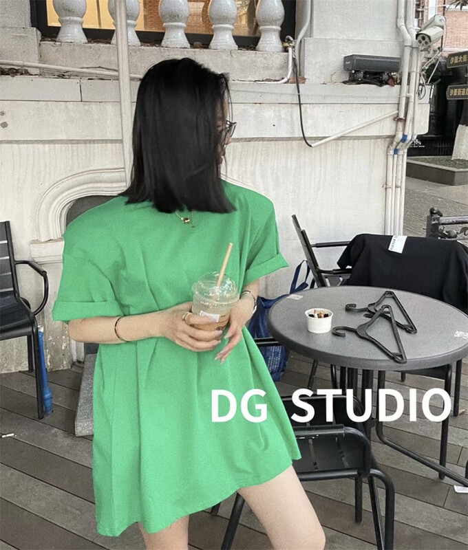 [DG] solid color loose medium length shoulder pad short sleeve T-shirt 8093# XJ