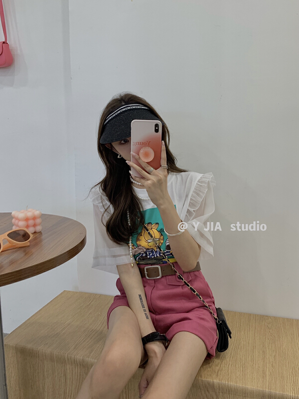 Stock! In early summer! [y.jia EJA] cartoon printed short sleeve + slim versatile Shorts Set (with belt) ys1-1010\pcz