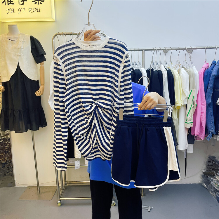 [yayirou] striped loose long sleeved T-shirt + comfortable and versatile casual pants set 5961# zyh