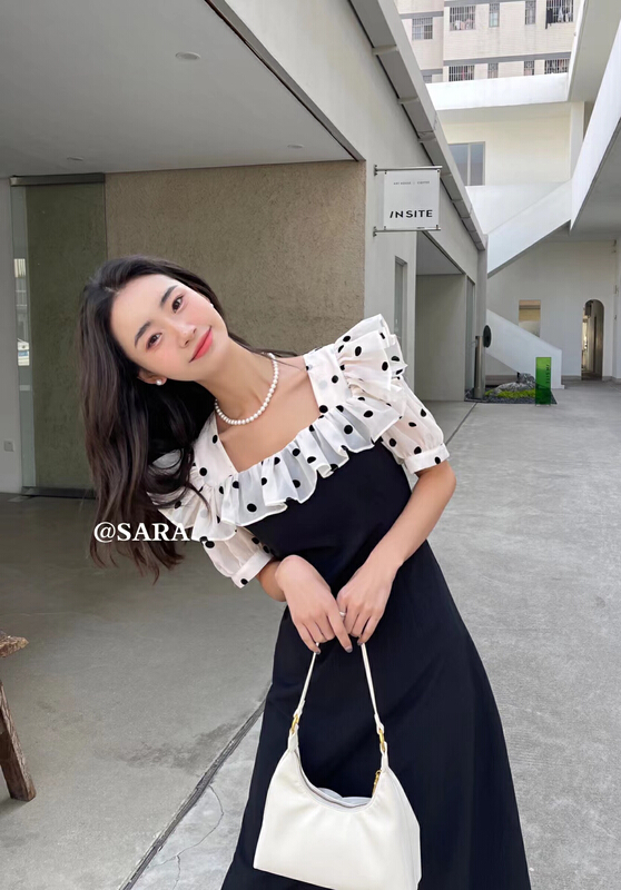 goods in stock! New in early summer! [Sara] French Polka Dot mesh stitched dress 88882# lwy