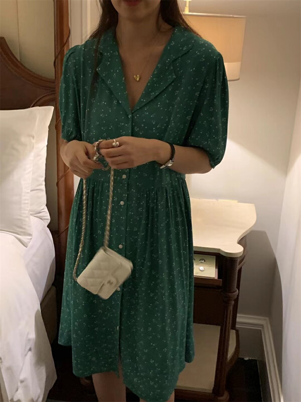 [Sicily] vintage green flower dress 30636# XJ