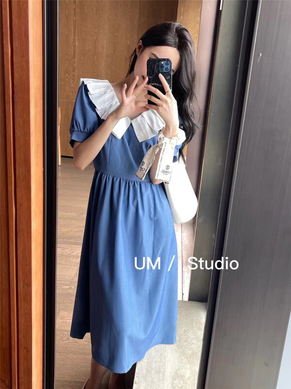 [um micron] Korean lady pleated Lapel dress 66508# hjy
