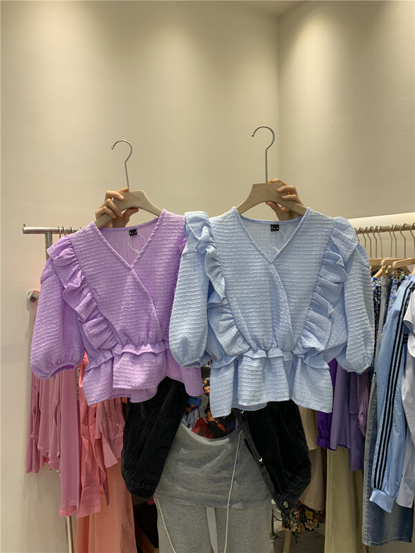 New in early summer! [Yan Zhen] French fungus side waist closed solid color small shirt 2350# PCZ