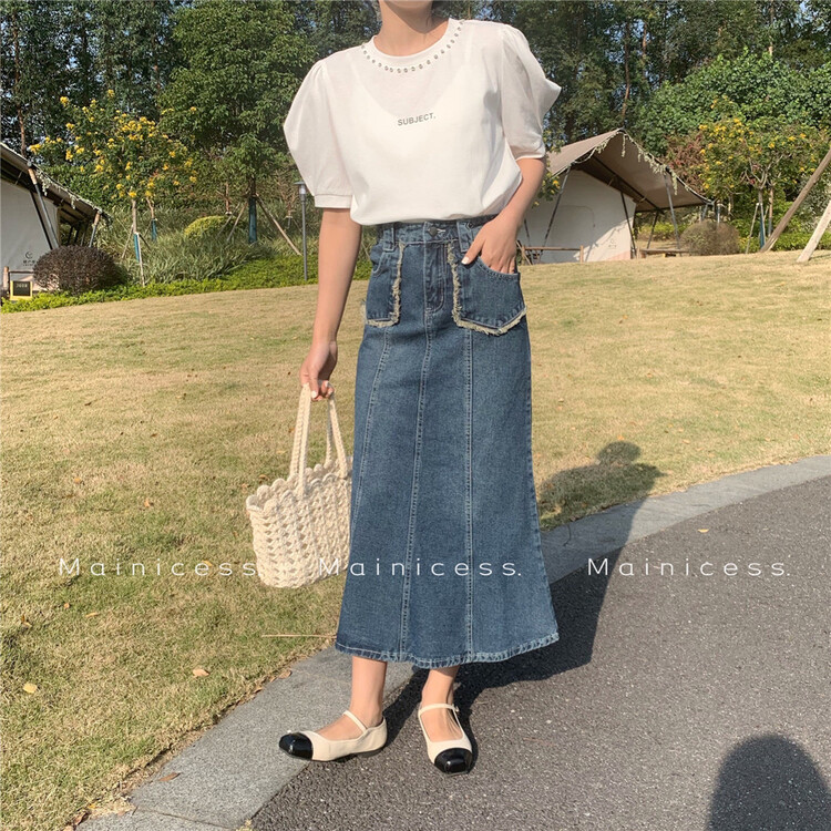 goods in stock! New year in early spring! [mainicess] Korean style versatile design pocket raw skirt 6076# CLS