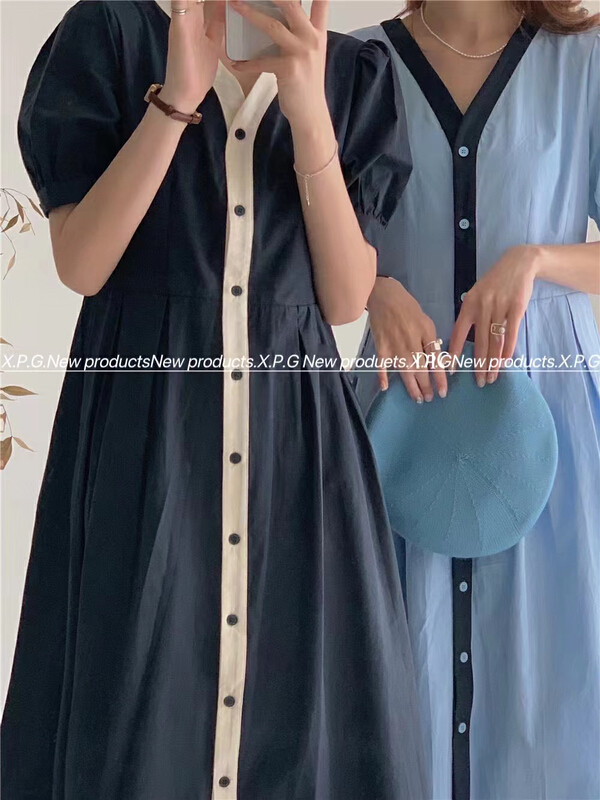 [x.p.g] V-neck single breasted slim dress (with waist rope) 20952# hjy