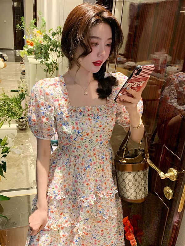 [Yingying new clothes] ear edge square collar broken flower slim dress 7509# Cl
