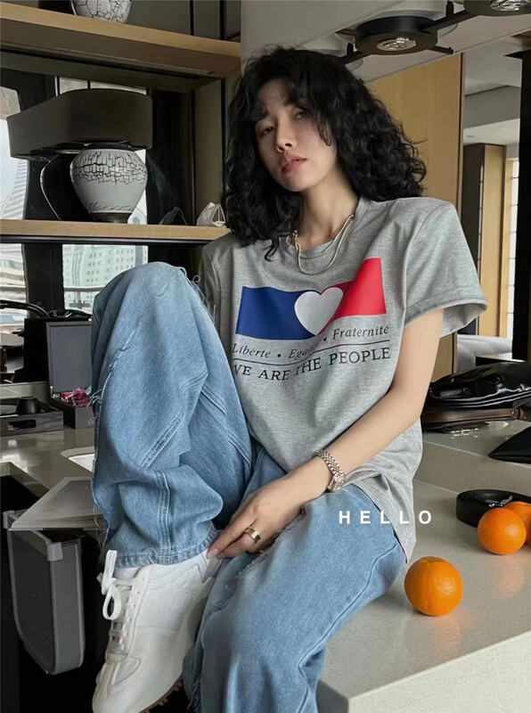 [Hello] Korean loose love printed short sleeve T-shirt 9701-9# XYY