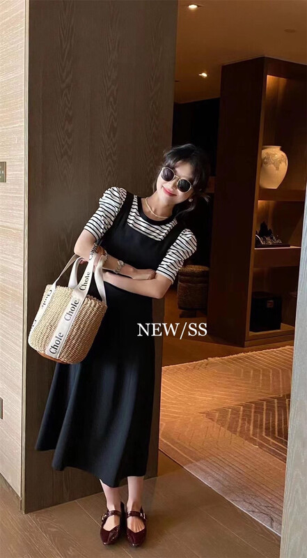 [gusA] striped loose short sleeved T-shirt + Fashion versatile dress set ys2-6132# WPL