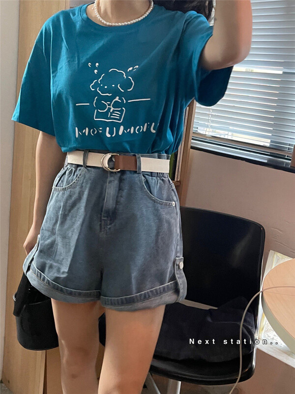 [next station] Korean versatile personalized denim shorts (with belt) 22203# ZSY