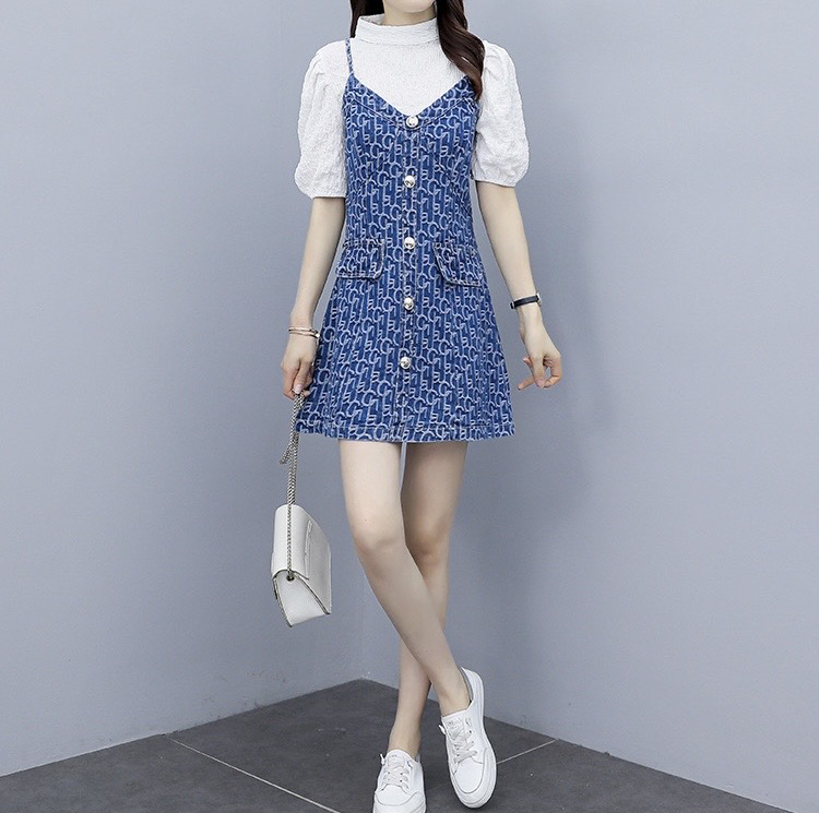 初夏上新!【范范FANFAN】韓版淑女吊帶裙+純色圓領T恤套裝  5616#  ZXX