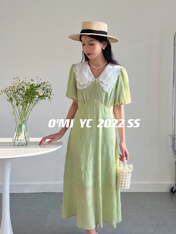 goods in stock! New in early summer! [O MI] Korean slim lace double neck waist closing bubble sleeve dress ys-7311# HBx