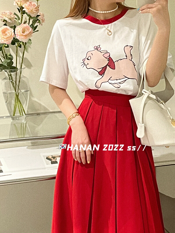 [Hanan] Korean versatile loose large cat short sleeve T-shirt 6923# LSL
