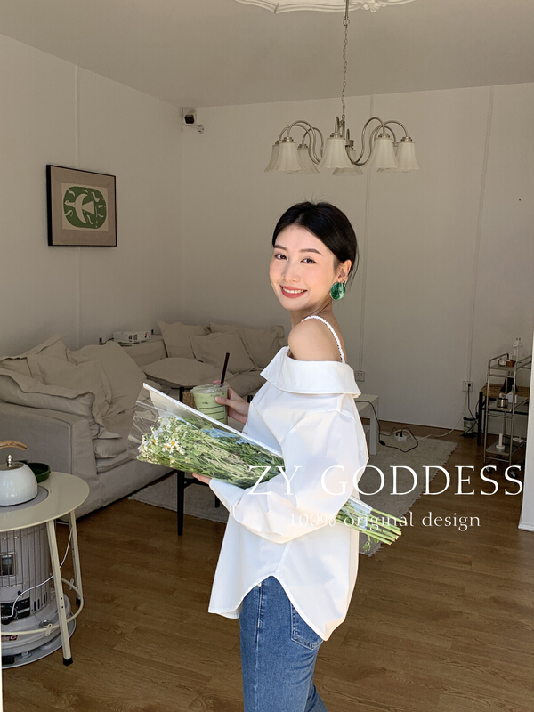 goods in stock! New year in early spring! [ZY] simple and versatile solid color sling off shoulder shirt 68176# ozq