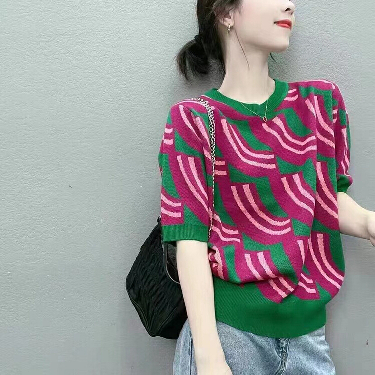 goods in stock! [winnido] crew neck color blocking design sense of minority foreign style short sweater 6677# JJ
