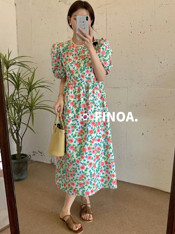 Original price 155.96! New in early summer! [finoa] fashion color matching floral bubble sleeve dress 10391# CLS
