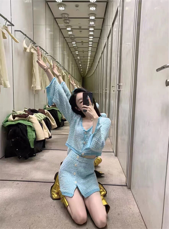 [MS studio] round neck breasted sunscreen shirt + slim fragrance skirt suit 09142# PCZ