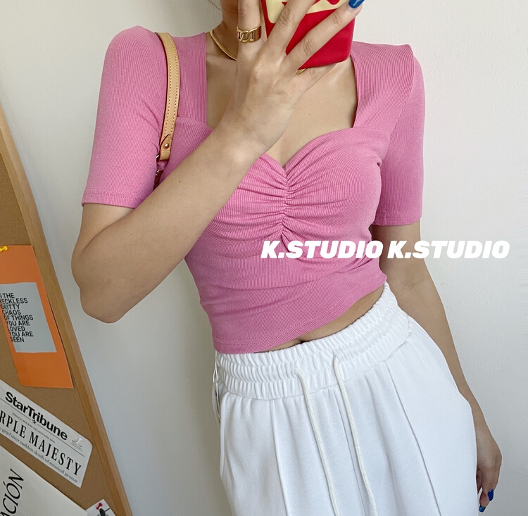New in early summer! [Kim studio] Korean peach neck slim fitting shirt 3171# PCZ