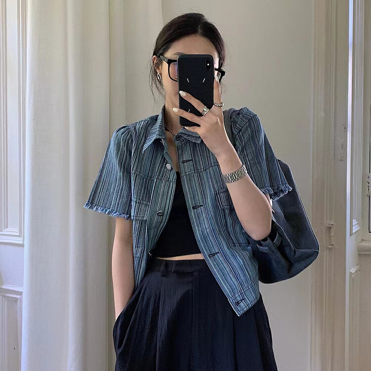 [Kiki studio] versatile wash stripe short denim jacket 5850# hjy