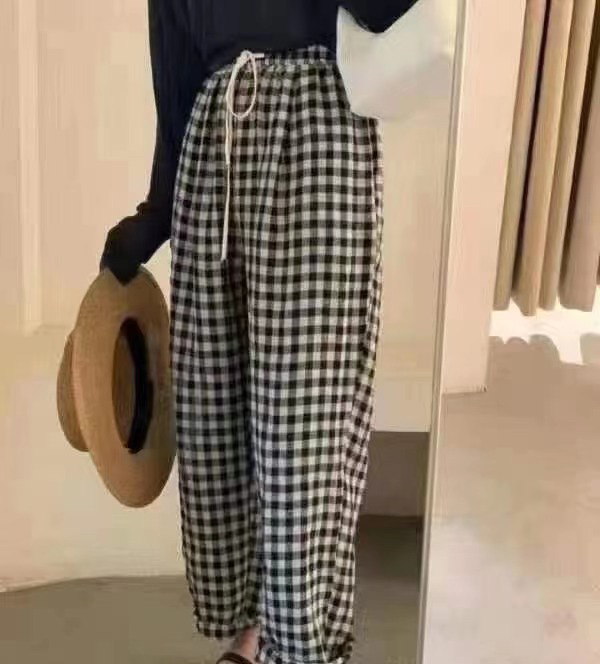 [queen] Korean slim Plaid lace up casual pants (with waist rope) a89819# ozq