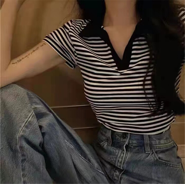 New in early summer! [blue show] simple stripe fashion short sleeve T-shirt 0996# LSW