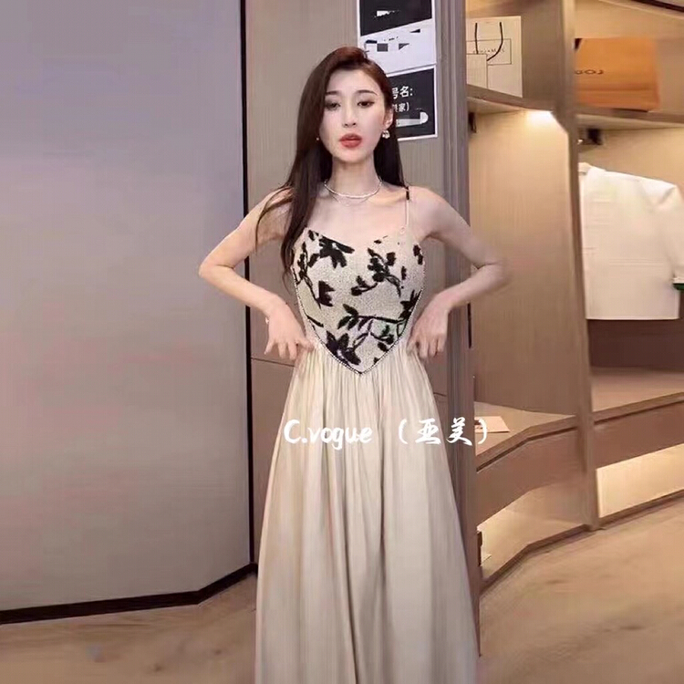 [c.vogue] French waist closing thin contrast color splicing suspender dress (dress only) 3316# PCZ