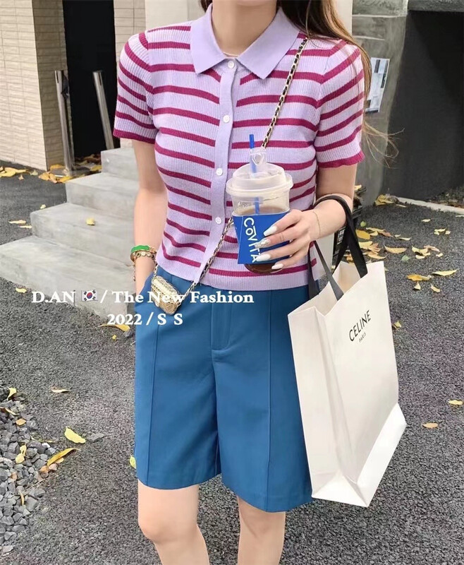 [d.an] polo collar contrast stripe short sleeve T-shirt ys1-8873# zxx