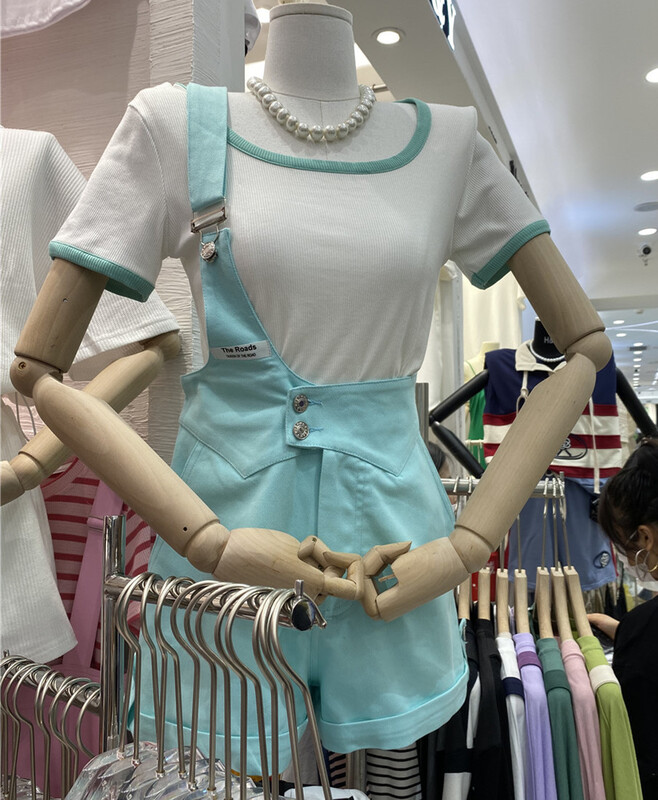New in early summer! [nice naisier] contrast color round neck short sleeve T-shirt + minority single shoulder strap Shorts Set ys1-8829# XJ