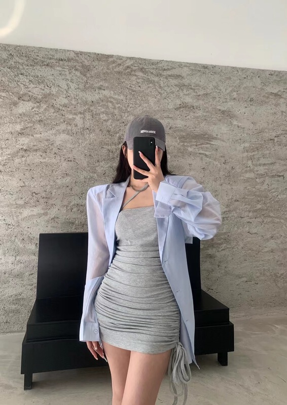 goods in stock! [3. Three point] Korean solid color medium length lace up sunscreen shirt 7167# cqw