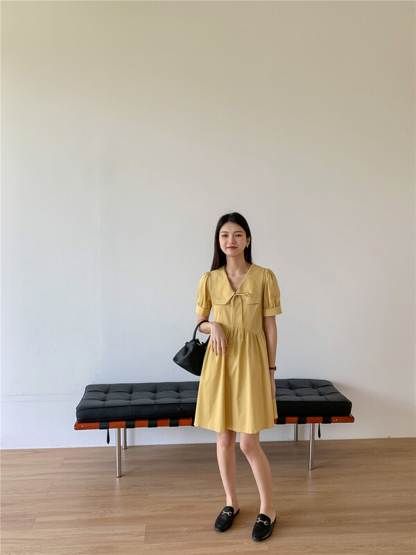 New in early summer! [woo woo shop] college style doll collar lace up bubble sleeve dress 62620# WPL