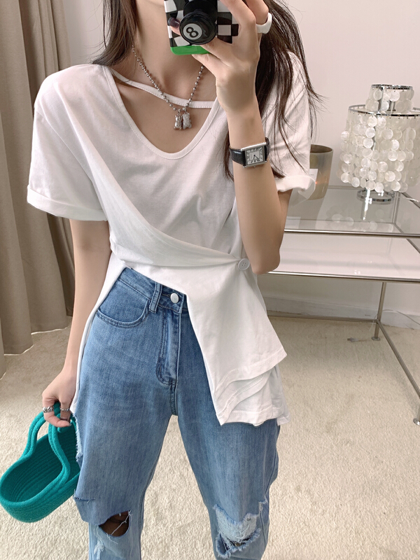 New in early summer! [Vanessa] design style irregular split and versatile short sleeve T-shirt 6115# ozq