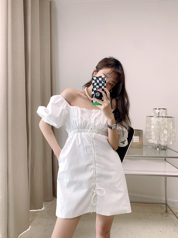 [Vanessa] square neck bubble sleeve solid dress 6119# ozq