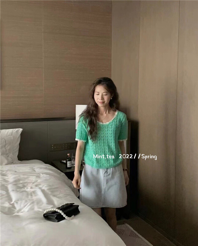 [mint tea] Korean sweet contrast lace short sleeved sweater 22091# zjy