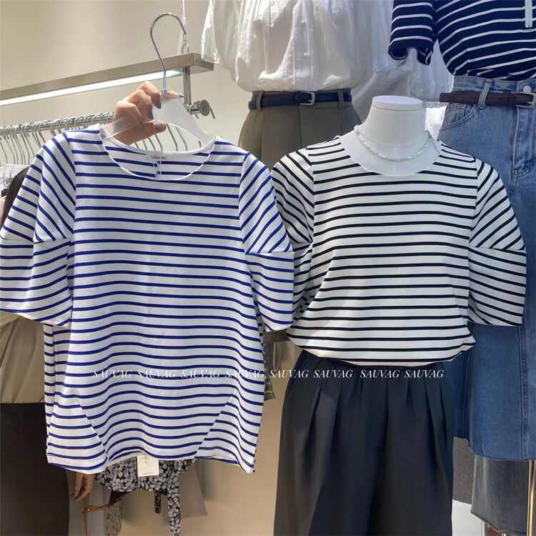 [sauvag] crew neck stripe comfortable short sleeve T-shirt (T-shirt only) c750# ll