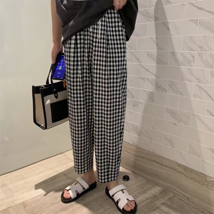 [Lexi] Plaid drawstring comfortable casual pants 22177# L