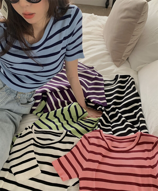 New in early summer! [f · P] Korean ins round neck contrast stripe versatile stripe sweater 51050# HBx