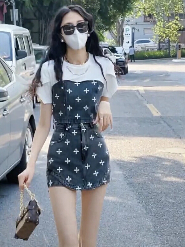 [jun.t] printed fashion short sleeved T-shirt + high waist thin denim group suit 5901# PCZ