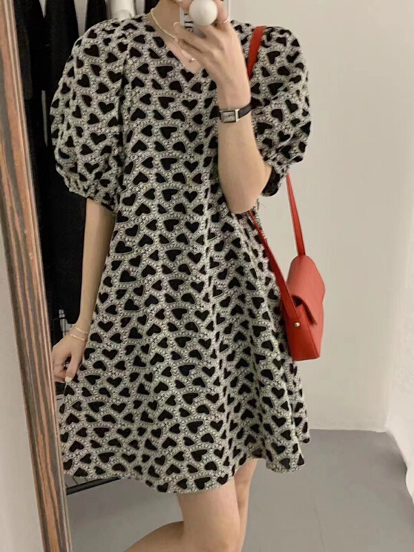 [RS] Vintage love bubble sleeve V-neck dress rs1868# XYY