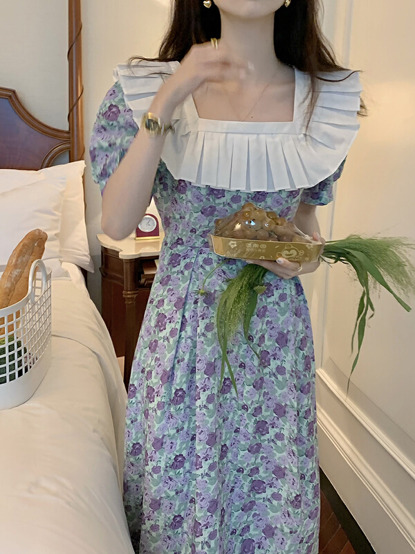 New in early summer! [timely rain] Han Feng ins French retro temperament elegant broken flower waist pleated square dress 99989# WPL