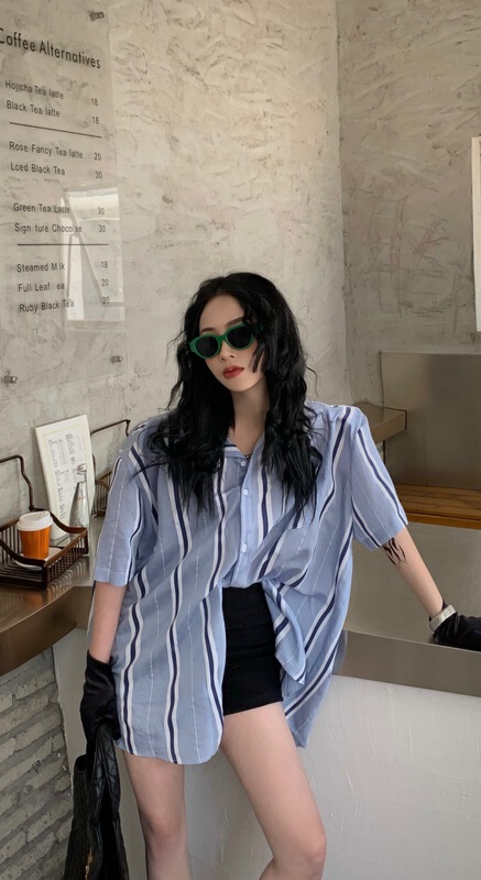 [ID] color blocking art thin shirt 9372# LSL