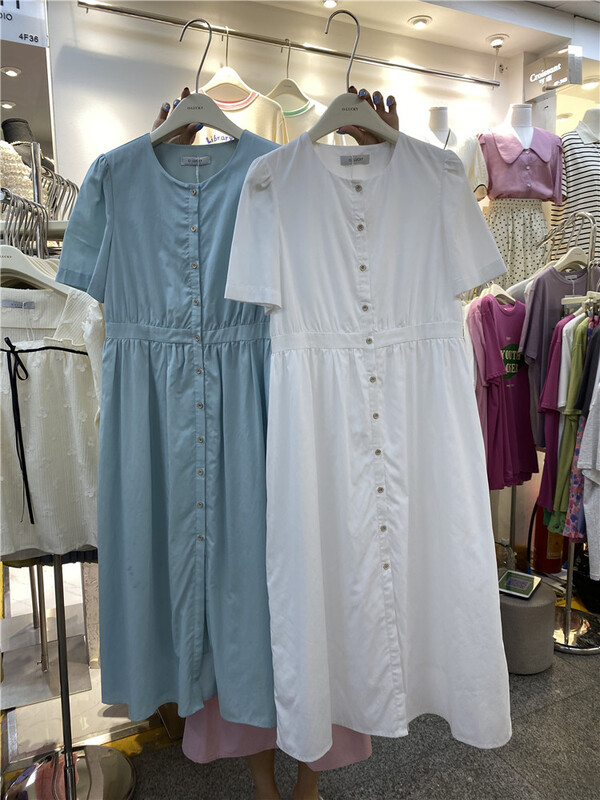 New in early summer! [o.lucky] Korean simple round neck single breasted dress 1563# HBx