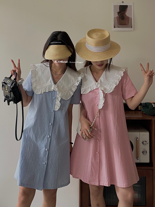 New in early summer! [B plus] ins doll neck patchwork Plaid Dress 22-19192-2# HBx