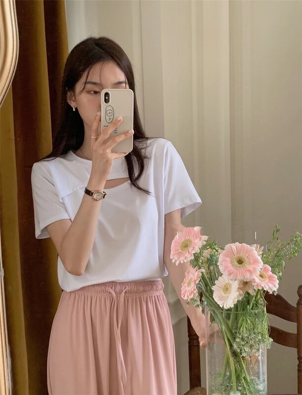 [M · young] Korean hollow out round neck versatile short sleeve T-shirt 8105# hjy