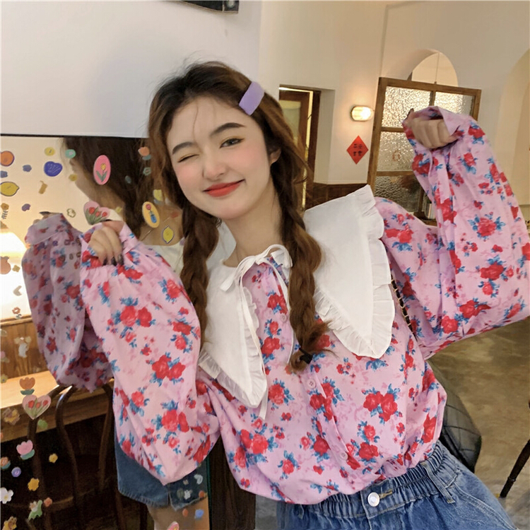 New year in early spring! [timely rain] Han Feng ins girl sweet aging broken flower doll collar lace up loose shirt f3329# jhy