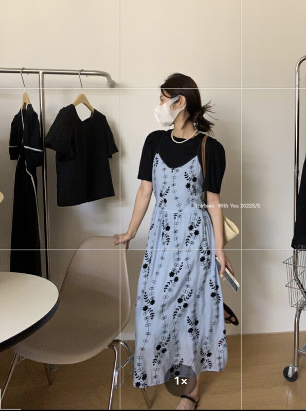 [thirten 13] Korean simple short sleeve T-shirt + floral suspender dress set 1666# XYY