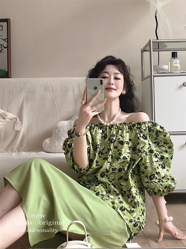 [again] French retro floral one shoulder bubble sleeve shirt 5053# PCZ