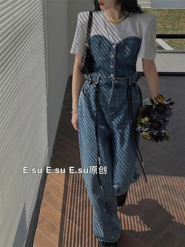 New in early summer! [e.su] Korean style fake two short shirts 3681# lwy